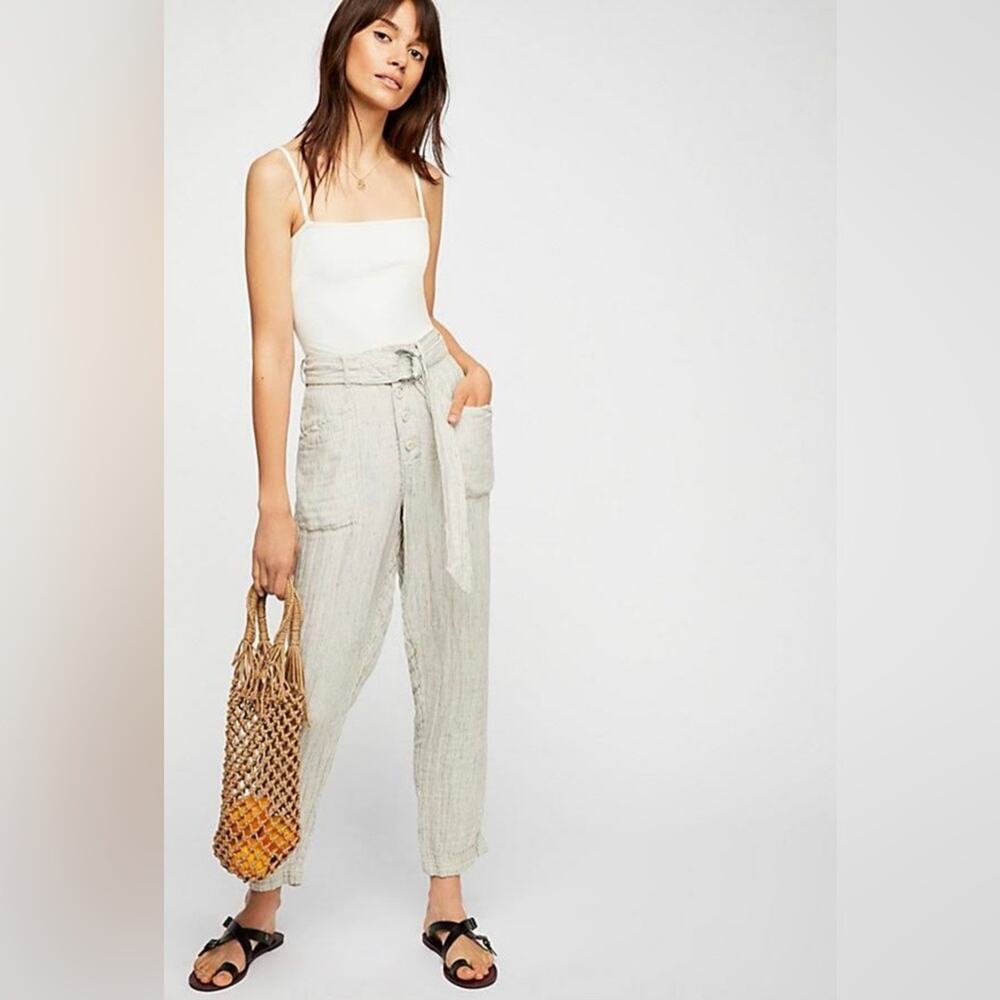 Free People Emerson Striped Linen Blend Belted Casual Utility Pant Ivory Size 4